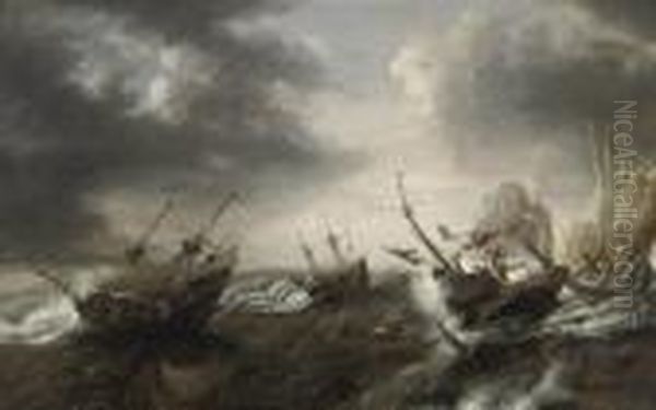 I Vessels In Stormy Water, Two Boats Shipwrecked Near The Rocks, Onewith The Coat Of Arms Of Zeeland - view 1