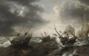 I Vessels In Stormy Water, Two Boats Shipwrecked Near The Rocks, Onewith The Coat Of Arms Of Zeeland by Bonaventura, the Elder Peeters