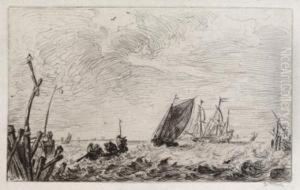 Fischerboote, Ruderboot Und Segelschiff Vor Einer Hafeneinfahrt