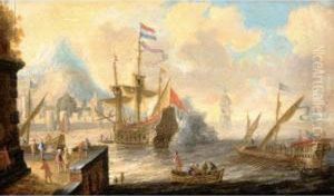 A View Of A Mediterranean Harbour Scene With A Galley And A Dutch Man Of War In The Foreground