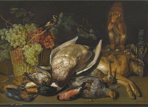 Still Life Of A Game And A Basket Of Grapes With A Squirrel Andgoldfinch