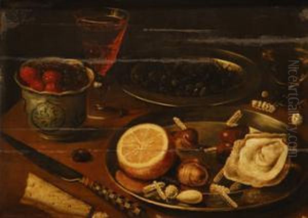 Bodegan: Cuenco De Frutos, Plato Con Liman, Castaa±as Y Ostra Junto A Un Cuchillo, Sobre Una Mesa - view 1