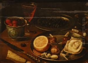 Bodegan: Cuenco De Frutos, Plato Con Liman, CastaaÂ±as Y Ostra Junto A Un Cuchillo, Sobre Una Mesa