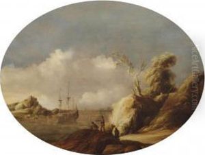 A Coastal Landscape With A Three-master At Anchor, Figuresconversing In The Foreground And A Town Beyond by Gillis Egidius I Peeters