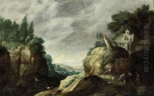 A Mountainous River Landscape With Herdsmen Near A Waterfall - view 1