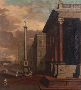Elegant Figures On The Steps Of A Palazzo, A View To A Harbour Beyond by Jacob Balthasar Peeters