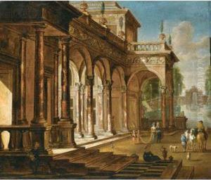 Elegant Figures Before A Palace With A Fountain Beyond by Jacobus Balthasar Peeters