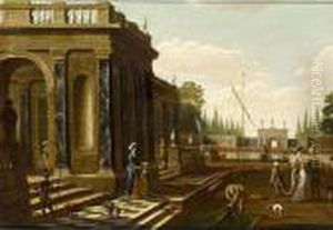 Elegant Figures Walking On And Near A Classical Terrace
