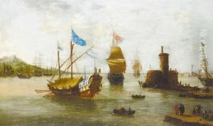 Shipping Approaching A Harbour In A Calm, Villages On The Horizon by Jan Peeters