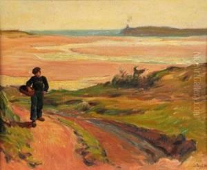 Petit Breton Au Panier Devant La Plage Rose Au Pouldu by Jean-Bertrand Pegot-Ogier