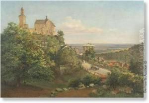 Panoramiclandscape With Village On A Hill. by Friedrich Eugen Peipers