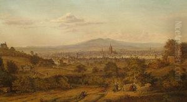 Figures Gathered Around A Well With A Townscape In The Distance - view 1
