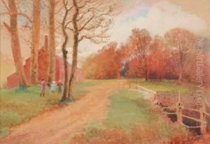 Autumn Scene With Children,
 Signed Lower Right