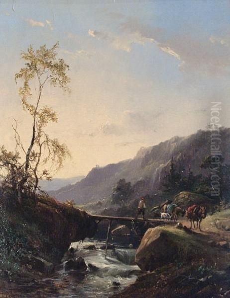 Travellers Crossing A Bridge In A Valley At Dawn - view 1