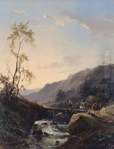 Travellers Crossing A Bridge In A Valley At Dawn