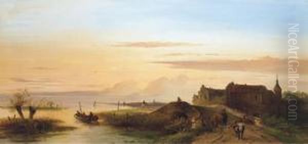 Figures By A Bridge In An Extensive River Landscape At Dusk - view 1