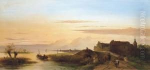 Figures By A Bridge In An Extensive River Landscape At Dusk