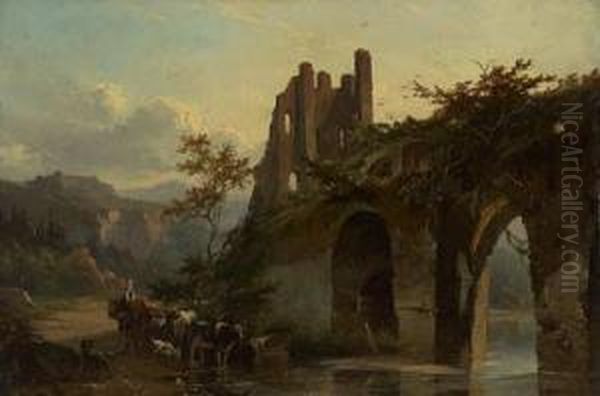 Bauerin Mit Vieh An Sudlandischer Furt Neben Einer Aquadukt-ruine - view 1