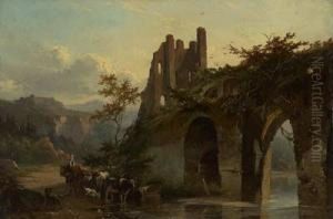 Bauerin Mit Vieh An Sudlandischer Furt Neben Einer Aquadukt-ruine