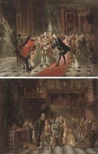 The Court Of The Young Louis Iii; And A Palace Interior With A Courtier Giving A Petition by Louis Antoine Victor Pellegrin