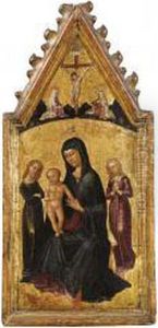 Madonna In Trono Col Bambino E Angeli,in Alto La Crocifissione E Santi by Pellegrino Di Mariano