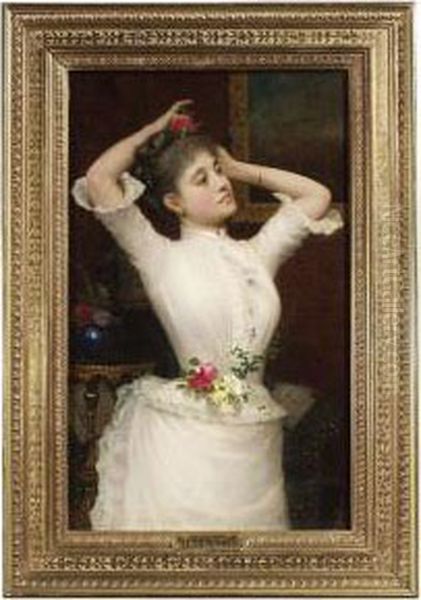 An Elegant Lady In A Parlour. She Is Wearing A White Gown And Adorns Her Hair With Flowers. Oil/canvas, Signed - view 1