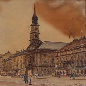 Street Scene With A Church, Presumably From Vienna by Erwin Pendl