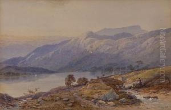 A Figure Overlooking A Lake With Mountainous Landscape Behind - view 1