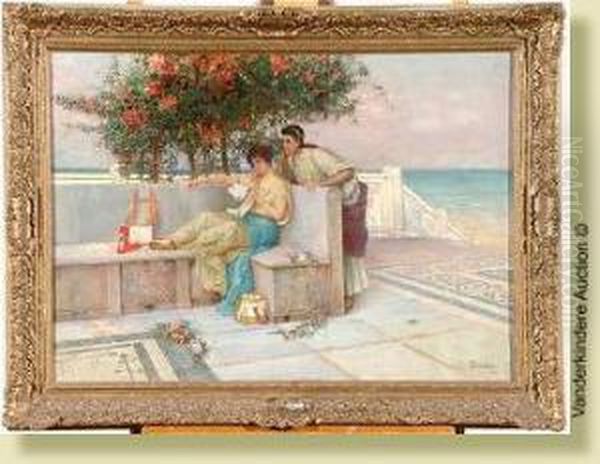 Femmes Antiques A La Lecture Sur La Terrasse - view 1