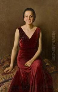 Ritratto Di Giovane Donna Con Abito In Velluto Rosso by Giuseppe Pennasilico
