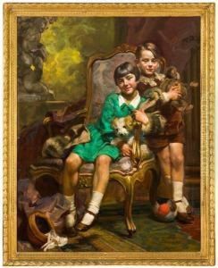 Ritratto Di Fanciulli In Interno Con Cagnolino E Peluche by Giuseppe Pennasilico