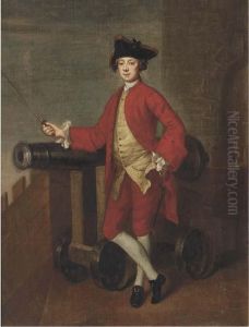 Portrait Of An Officer, Small Full-length, On A Battlement, Restinghis Arm On A Canon by Edward Penny