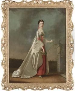Portrait Of A Lady, Said To Be The Duchess Of Somerset, Smallfull-length, In A Red And White Dress, In A Landscape by Edward Penny