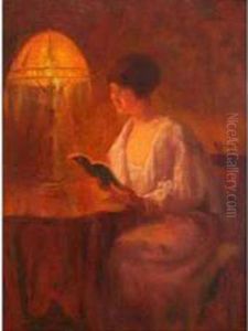 Elegante Lisant Pres D'une Lampe. by Albert Joseph Penot