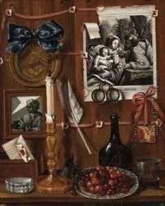 A Trompe L'oeil With Cherries On A Plate, A Candle, A Medallion, Anengraving Of The Holy Family And Other Objects by Jean Valette-Falgores