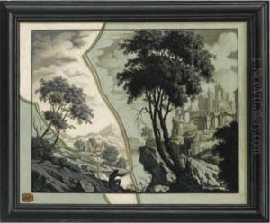 A Framed Landscape With A Fisherman Painted Below Broken Glass by Jean Valette-Falgores