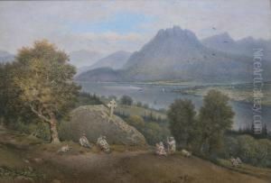 Figures At A Shrine Above A Continental Lake