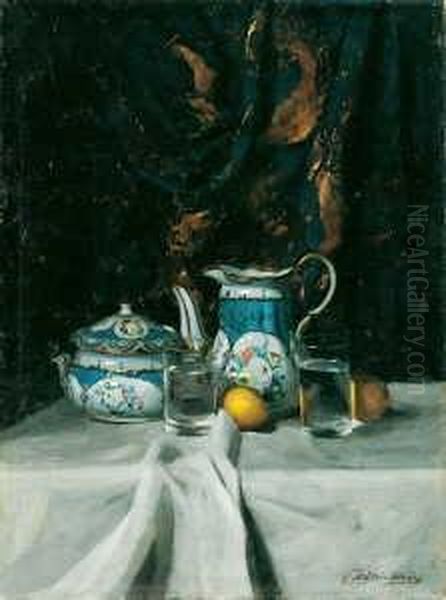 Stilleben Mit Herend-porzellan, Gefullten Wasserglasern Und Zitronen. Signiert Unten Rechts: Pentelei-molnar. Ol Auf Leinwand. H 88; B 66 Cm. - view 1
