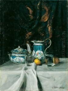 Stilleben Mit Herend-porzellan, Gefullten Wasserglasern Und Zitronen. Signiert Unten Rechts: Pentelei-molnar. Ol Auf Leinwand. H 88; B 66 Cm. by Janos Pentelei-Molnar