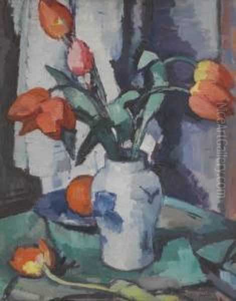 Still Life Of Red Tulips In A Chinese Vase - view 1