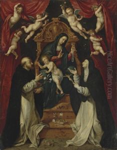 The Madonna And Child Enthroned With Saints Dominic And Catherine Of Siena And Angels by Marten Pepijn