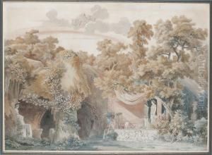 Stage Design: A Grotto With The Temple Of Vesta, Juno In The Sky Above by Charles Percier