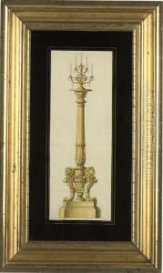 Design For A Neo-classical Gilt-bronze Tripod Candelebra, On Flutedcolumn, With Acanthus And Lion Base