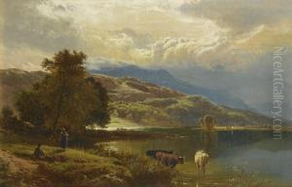 The Glastyn Near Beddgelert, North Wales; Mountainous Lake Scene With Figures And Cattle - view 1