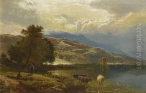 The Glastyn Near Beddgelert, North Wales; Mountainous Lake Scene With Figures And Cattle