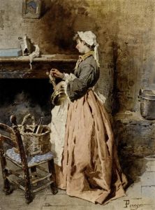 Young Woman Before A Fireplace, Lighting A Candle Young Woman Before A Fireplace, Lighting A Candle