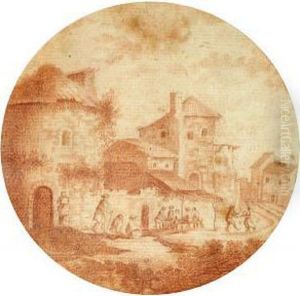 A View Of A Village With Peasants In The Foreground by Adam Perelle