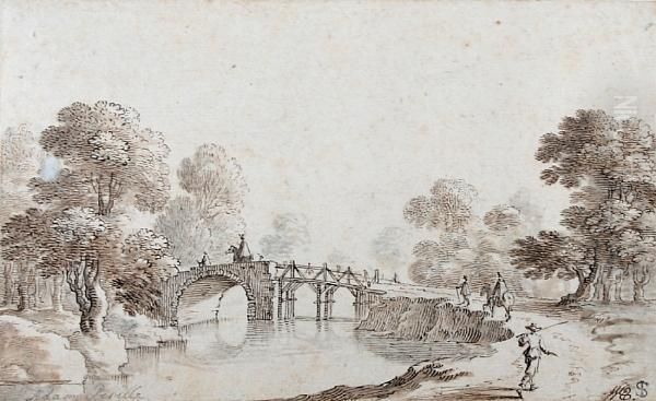 River Landscape With Travellers Crossing A Bridge - view 1