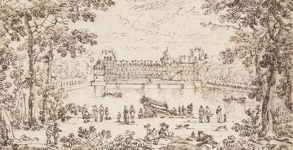 Vue De La Cour Des Fontaines Du Chateau De Fontainbleau Depuis Le Grand Bassin, Une Galere Miniature Au Premier Plan - view 1