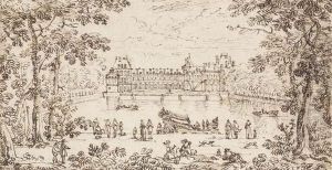 Vue De La Cour Des Fontaines Du Chateau De Fontainbleau Depuis Le Grand Bassin, Une Galere Miniature Au Premier Plan